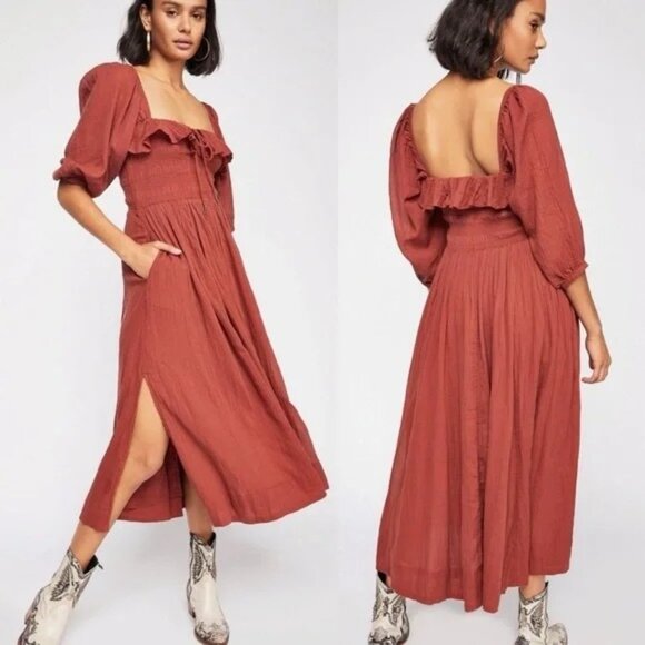 Free People Dresses & Skirts - Free People Oasis Sienna Smocked Midi Dress With Puff Sleeves & Pockets Small
